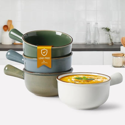 MONITO 26 Oz French Onion Soup Bowls, Ceramic Soup Bowls with Handles, Stackable Soup Crocks, Oven/Microwave/Dishwasher Safe, for Cereal, Soups, Casseroles
