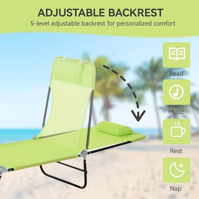 Outdoor Chaise Lounge with Detachable Pillow, Reclining Folding Chair with 5-Position Adjustable Back, Portable Tanning Chair For Beach, Pool, Lawn, Breathable Mesh Seat, No Assembly (Green 2)