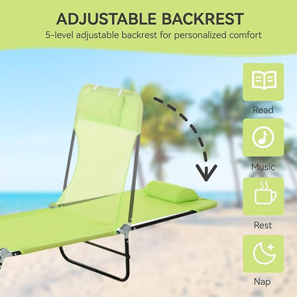 Outdoor Chaise Lounge with Detachable Pillow, Reclining Folding Chair with 5-Position Adjustable Back, Portable Tanning Chair For Beach, Pool, Lawn, Breathable Mesh Seat, No Assembly (Green 2)