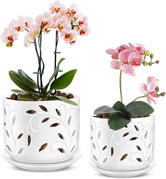 EFISPSS Ceramic Orchid Pots 5+6 Inch White with Drainage Holes & Tray, Breathable Airflow, Indoor & Outdoor