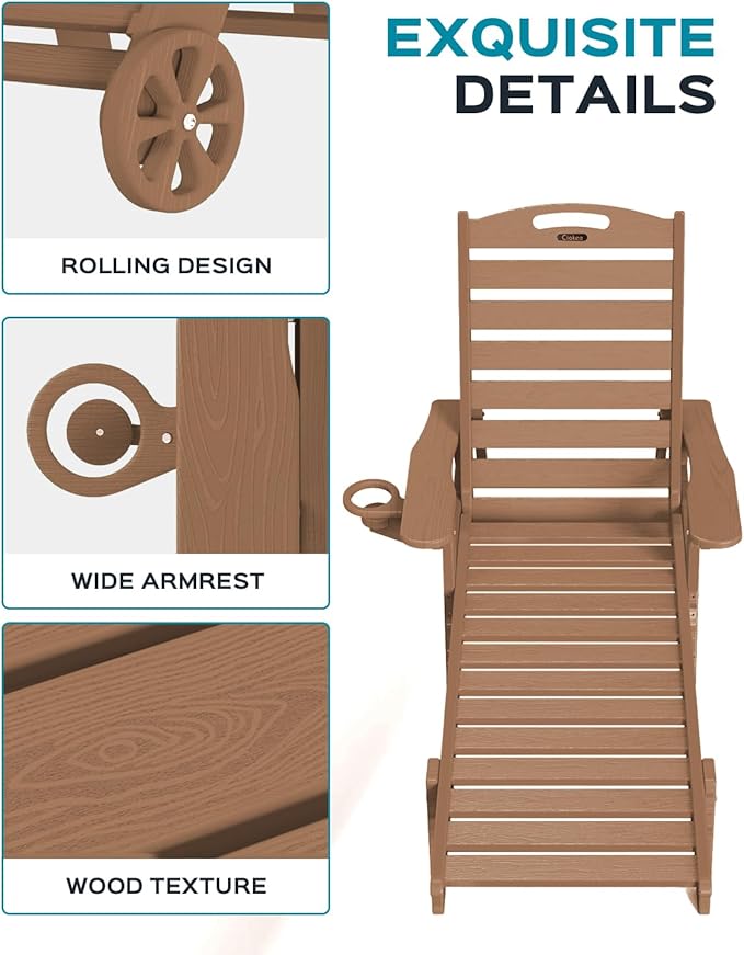 Lounge Chair Outdoor, Oversized Chaise Lounge Chair with 5 Positions, HDPE, Patio Lounge Chair with Wheels & Cup Holder for Pool, Deck, Poolside, Teak