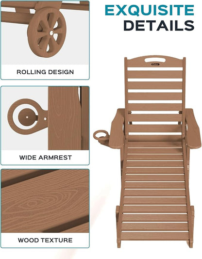 Lounge Chair Outdoor, Oversized Chaise Lounge Chair with 5 Positions, HDPE, Patio Lounge Chair with Wheels & Cup Holder for Pool, Deck, Poolside, Teak