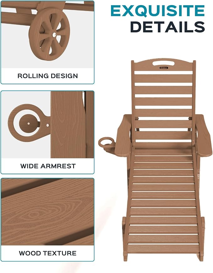 Ciokea Outdoor Lounge Chair Set of 4, All Weather Patio Chaise Lounge Chairs for Outside, HDPE Chair with Rolling Wheels & Cup Holder, 5 Position, Deck, Pool, Brown