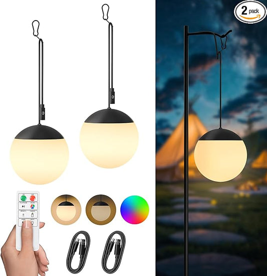 FUYO Rechargeable LED Camping Lantern, 2-Pack Garden Decor Lights Waterproof Outdoor Lanterns w/ Remote & 8 Colors, Hanging Ball Lights for Backyard Fence Pathway Porch Christmas Decorative