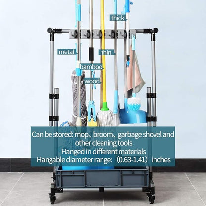 Broom And Mop Holder Put Wet Movable Floor-Mounted Mop Rack Floor Standing Cleaning Tool Cart Storage For Garden Garage Schools, Hospitals, Factories, Hotels,Property Companies