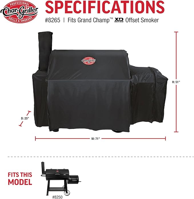 Char-Griller® Grand Champ™ Grill Cover, Shields and Protects from Moisture, Wind, Sand, Birds and Dirt, PVC and Polyester Blend, Black, Designed to Fit Model # 8250.