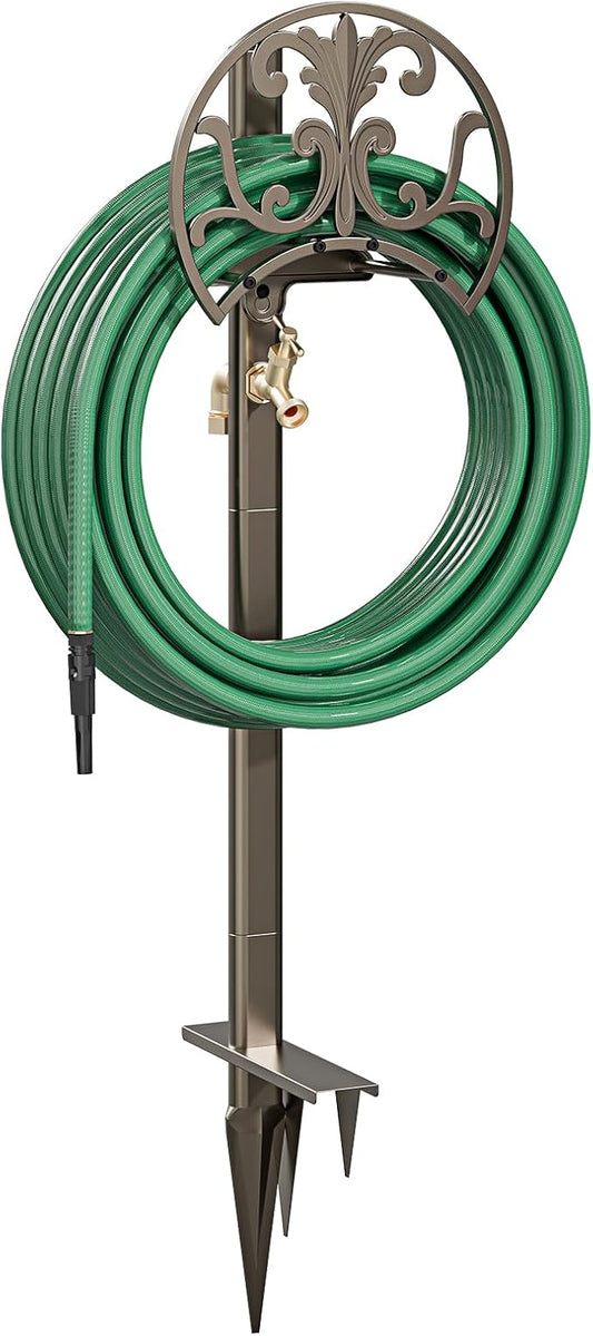 GOFORWILD Garden Hose Stand with Brass Faucet, Detachable Heavy Duty Water Hose Holder, Freestanding Metal Hose Reel Decorative Storage Hanger Holds 150-Feet Hose for Outside Patio Lawn Yard