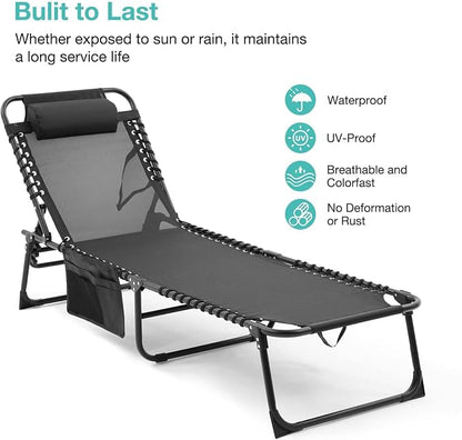 Tanning Chairs for Outside, Chaise Outdoor Lounge Chair, Folding Pool Chairs & Patio Lounger for Beach Camping Hiking Backyard Sunbathing Poolside, Portable (Black Set of 1)