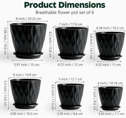 Plant Pots, Self Watering Planters with Drainage Holes and Trays, Flower Pots for Indoor Outdoor - 6 Pack(4/5/6/6.5/7/8 Inch) (Black)