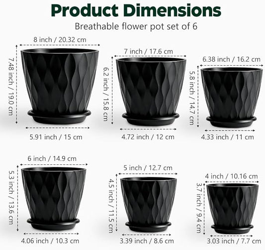 Plant Pots, Self Watering Planters with Drainage Holes and Trays, Flower Pots for Indoor Outdoor - 6 Pack(4/5/6/6.5/7/8 Inch) (Black)