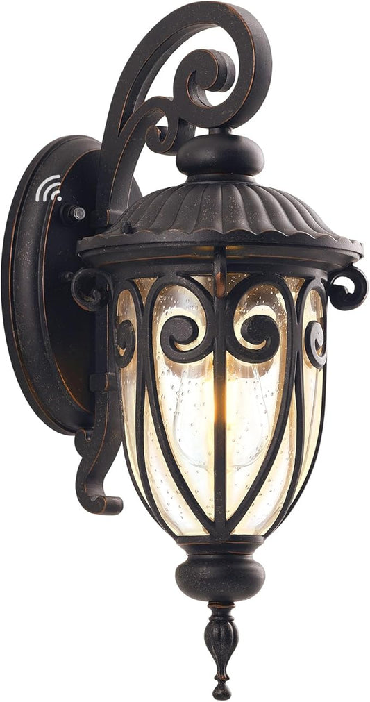 Outdoor Wall Light with Dusk to Dawn Sensor, 18 Inch Exterior Wall Lantern Fixture for House, Bronze Outside Porch Lighting with Clear Seeded Glass for Garage Front Door, Aluminium