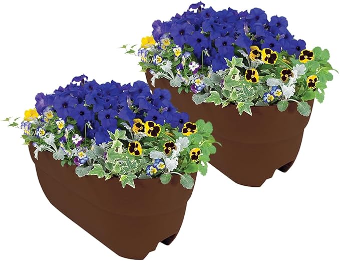 Emsco Group Bloomers Railing Planter with Drainage Holes - 24" Weatherproof Resin Planter - Earth Brown