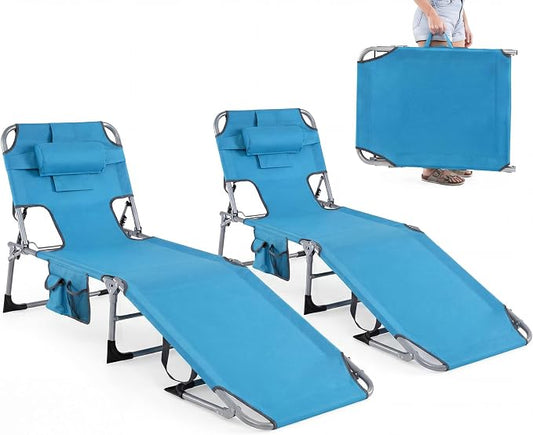 GYMAX Tanning Chair with Face Hole, Sun Bathing Lounge Chairs for Outside with Side Pocket, Folding Portable Face Down Layout Tanning Chair Beach, Backyard, Poolside, Lawn (Blue,2)
