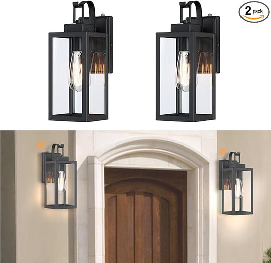 WISBEAM 2 Pack 13.75in Black Outdoor Wall Sconce, Dusk to Dawn Outdoor Wall Light, E26 Base 60W Max, Metal Housing Plus Glass, ETL Qualified, Bulbs not Included