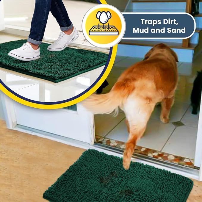 Muddy Mat® | Super Water Absorbent Door Mat Indoor, Microfiber Quick Dry Chenille Entryway Rug, Slip Resistant Front Door Mat, Indoor Mats for Entryway, Machine Washable Pet Rug, Dark Green 26" x 42"