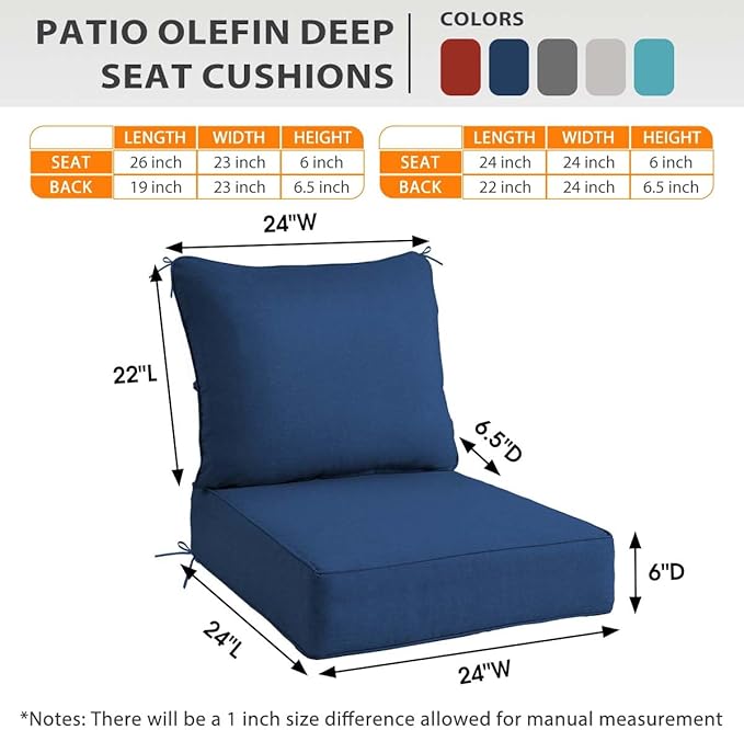 Sundale Outdoor Olefin Deep Seat Cushion, Patio Chair Cushion and Pillow, Water-Resistant Sectional Sofa Pad with Straps Dark Blue, 24 x 24 x 6 Inches