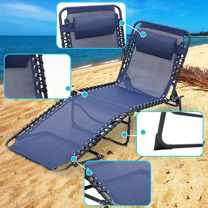 Tanning Chairs for Outside, Chaise Outdoor Lounge Chair, Folding Pool Chairs & Patio Lounger for Beach Camping Hiking Backyard Sunbathing Poolside, Portable (Blue Set of 1)