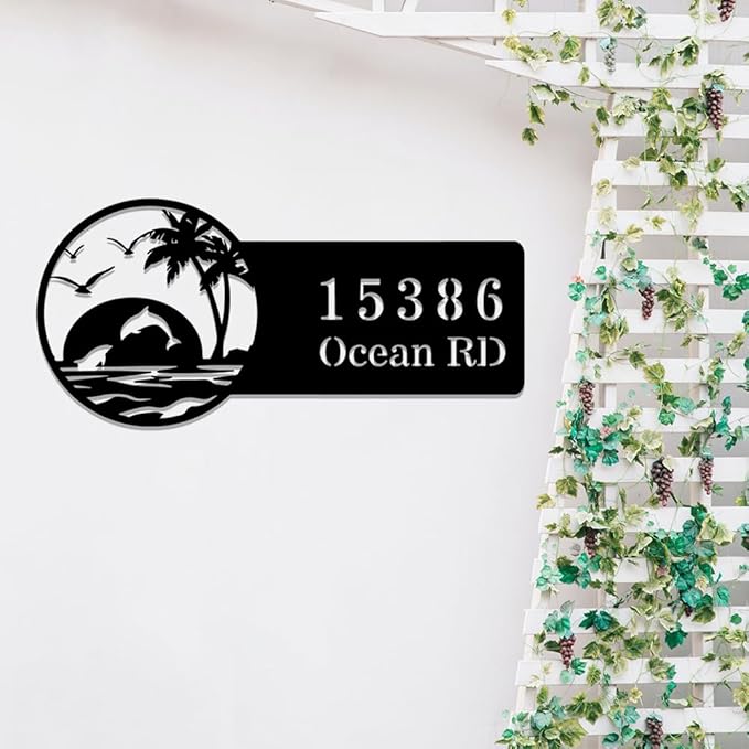 Beach House Metal Sign Custom,Dolphins Personalized Name Sign Wall Art,Custom Home Address Numbers Plaque,Street Address Wall Hanging Decor for Gate Fence Mailbox Apartment Outdoor Yard Door Hanger