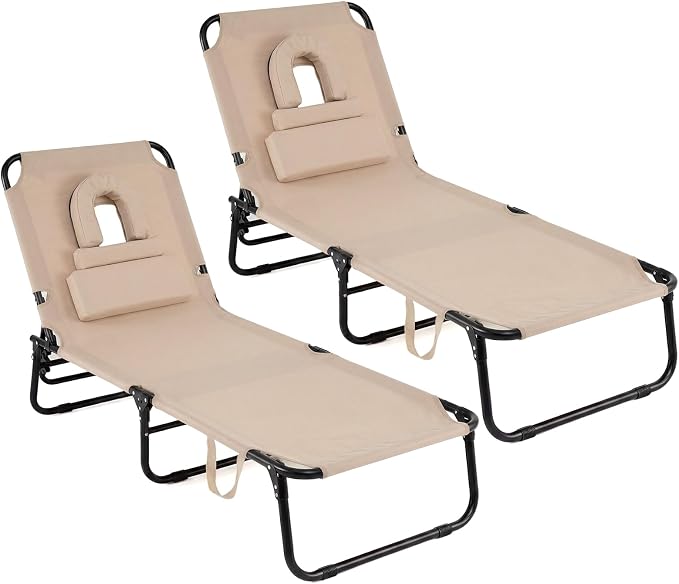GYMAX Tanning Chair, Folding Lounge Chairs with Face Hole & Cover, Removable Pillow Carry Handle, Portable Compact Outdoor Layout Recliner for Beach, Poolside, Lawn, Patio, Camping (Sand,2)