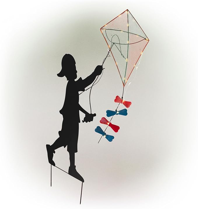 Alpine Corporation 41" Tall Outdoor Solar Powered Garden Stake Boy Silhouette Flying Kite with LED Lights