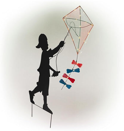 Alpine Corporation 41" Tall Outdoor Solar Powered Garden Stake Boy Silhouette Flying Kite with LED Lights
