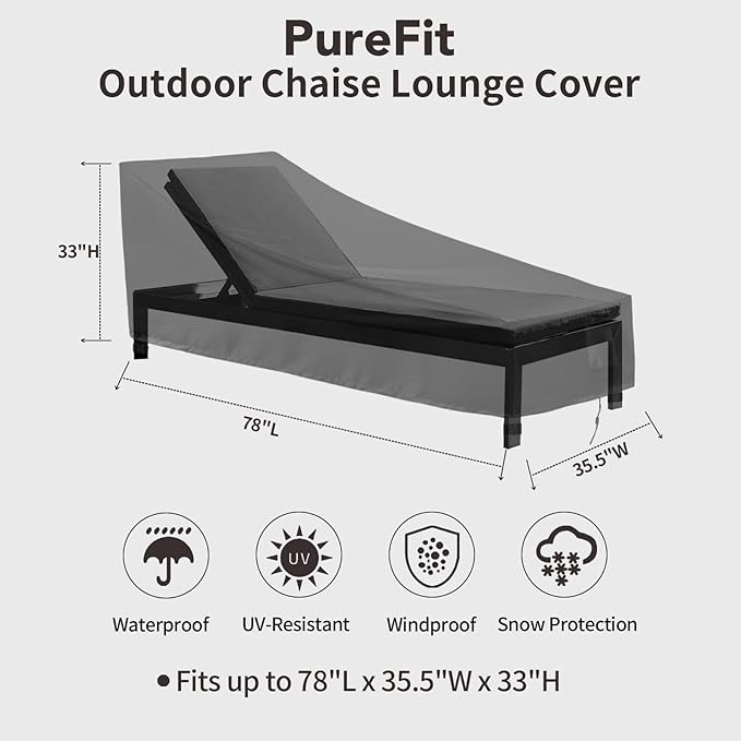 PureFit Outdoor Chaise Lounge Cover, Lounge Chair Covers Waterproof Patio Furniture Lounge Chair Cover, UV Resistant & Weatherproof, 1 Pack, 78"L x 35.5"W x 33"H Inches, Black