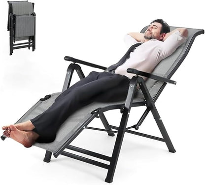Folding Lounge Chaise,Outdoor Aluminum Beach Chair Tanning Recliners High Backrest with Removable Lumbar Pillow Assemble-Free for Sunbathing Patio Pool Beach Lawn Deck - Grey