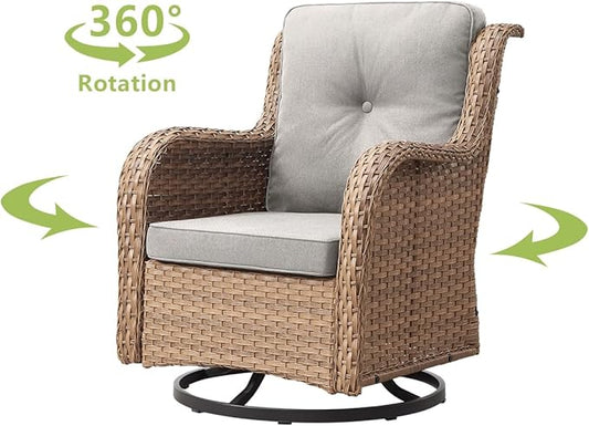 HUMMUH Outdoor Swivel Rocker PE Wicker Patio Chairs Set of 2, Rattan Rocking Chair Furniture Set (Yellow,Beige)