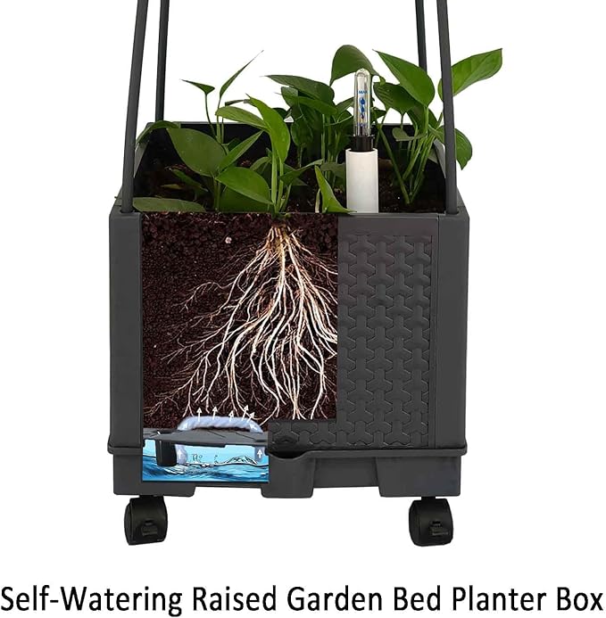 Movable Raised Garden Bed Tomato Planter Box with Trellis and Universal Wheel Self-Watering Garden Beds Outdoor for Vegetables 2-Pack