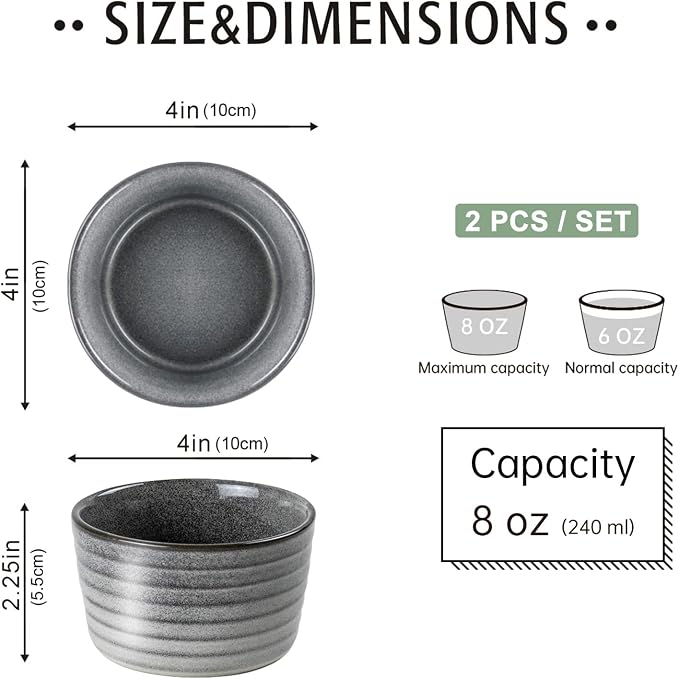 Ramekin Set, UNICASA 8 oz Creme Brulee Ramekins, Oven Safe Baking Set for Custard, Pudding, Souffle Cups, Reactive Gray (Gray, 8oz x 2pc)