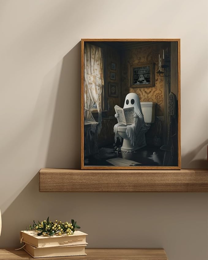 InSimSea Framed Canvas Prints Art Vintage Decor, Ghost on Toilet Bathroom Painting, Rustic Dark Academia Wall Art, Halloween Living Room Witchy Room Wall Cottagecore Decor, 12x16inch