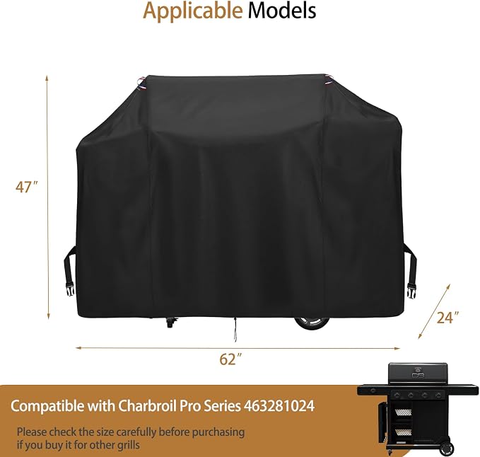 BBQ Grill Cover for Charbroil Pro Series 463281024, Waterproof 600D Outdoor Propane Barbecue Covers Smoker Covers- 62" L x 24" W x 47" H