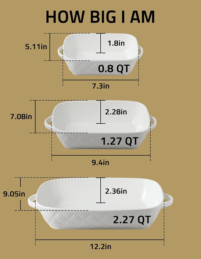 Sweejar Casserole Dishes for Oven, Baking Dish Set of 3,Ceramic Bakeware Set, Rectangular Baking Pan for Cooking,Kitchen,Banquet,12.2x9.2x2.5 Inches (White)