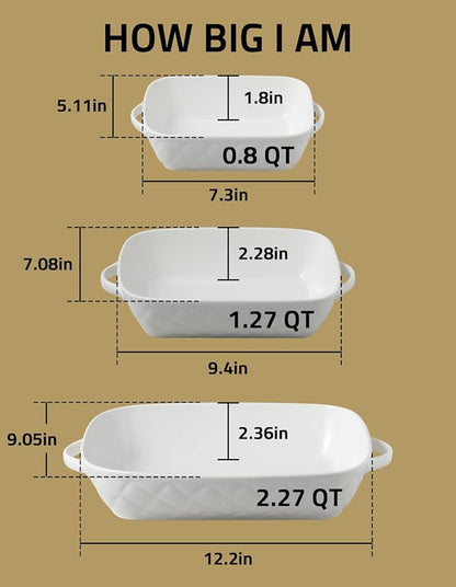 Sweejar Casserole Dishes for Oven, Baking Dish Set of 3,Ceramic Bakeware Set, Rectangular Baking Pan for Cooking,Kitchen,Banquet,12.2x9.2x2.5 Inches (White)