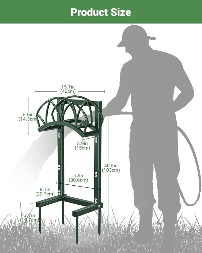 HZE Garden Hose Holder, Freestanding Water Hose Reel Stand for Outside, Heavy Duty Detachable Metal Storage Rack Holds 160 FT for Yard Lawn Farm, Green