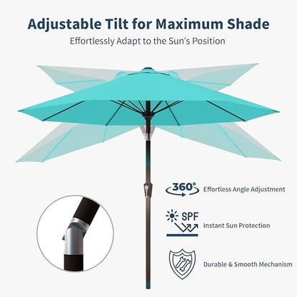 10FT Patio Umbrella Outdoor Market Umbrella with Crank and Tilt, 8 Flexible Fiberglass Ribs, UV-Resistant Waterproof Canopy for Patio, Deck, Garden, Backyard, Aqua Blue