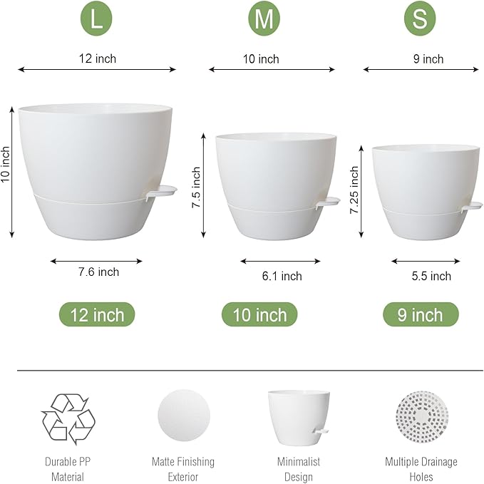 UOUZ Large Self Watering Pots, 12/10/9 Plastic Planters with High Drainage Holes and Deep Reservoir for Indoor Outdoor Garden Plants and Flowers, White