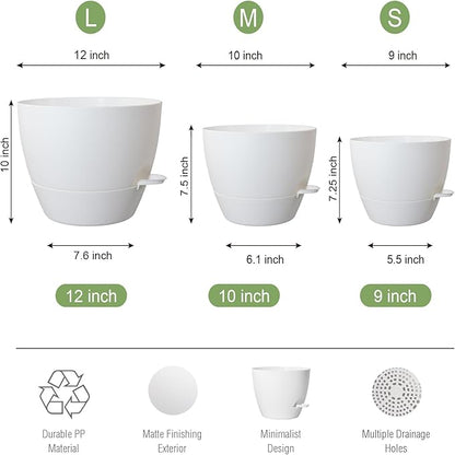 UOUZ Large Self Watering Pots, 12/10/9 Plastic Planters with High Drainage Holes and Deep Reservoir for Indoor Outdoor Garden Plants and Flowers, White