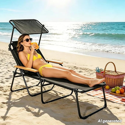 Folding Lounge Chair with Adjustable Canopy, Portable Sun Lounger with 4-Position Reclining Back, Outdoor Chaise Lounge with Arms, Tanning Chair for Beach Poolside Backyard Camping, 440LBS (Black B)
