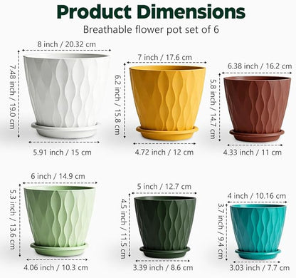 Plant Pots, Self Watering Planters with Drainage Holes and Trays, Flower Pots for Indoor Outdoor - 6 Pack(4/5/6/6.5/7/8 Inch) (Colorful)