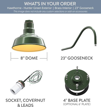 Steel Lighting Co. | Dusk to Dawn | Hawthorne Barn Light | Outdoor Wall Mounted | 8 in Dome | 23 inch Gooseneck| Small Farmhouse Light Made in America | Hunter Green/Brass