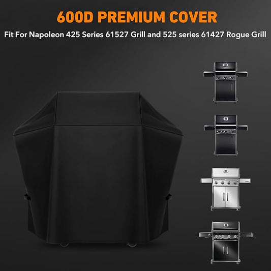 Heavy Duty Grill 600D Cover Fit for Napoleon 425 Series 61527 Grill and 525 Series 61427 Rogue Grill, All Weather Protection Waterproof Cover Black