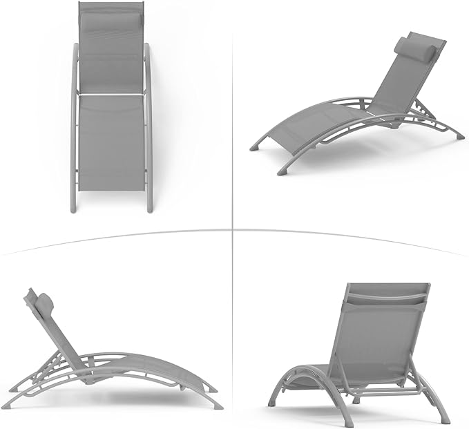 Domi Outdoor Chaise Lounge Set of 3 Patio Recliner Chairs with Adjustable Backrest and Removable Pillow for Indoor&Outdoor Beach Pool Sunbathing Lawn Gray