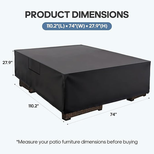 DUMOS Outdoor Furniture Cover Rectangular Heavy Duty 600D Waterproof UV Resistant Patio Sofa Couch Sectional Cover for Deck Table Chairs Backyard Dining Sets, 111"L x 74"W x 28"H, Classic Black