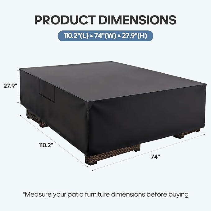 DUMOS Patio Furniture Cover Rectangular Heavy Duty 600D Waterproof UV Resistant Outdoor Sofa Couch Sectional Cover for Deck Table Chairs Backyard Dining Sets, 111"L x 74"W x 28"H, Black