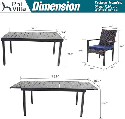 PHI VILLA 9 Piece Large Outdoor Dining Table Set for 8, Expandable Rectangular Steel Dining Table & Cushioned Rattan Wicker Chairs, Dining Furniture Set for Patio, Deck, Yard