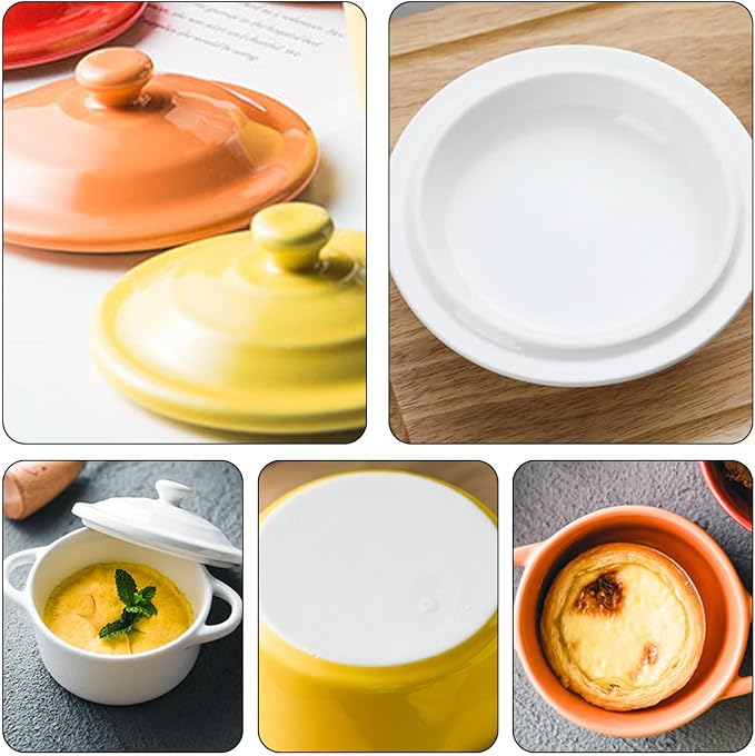 6 Pack Ceramic Ramekins Lids Mini Cocotte 8 OZ Ceramic Oven Safe | Round Small Baking Individual Serving Pot, Lasagna Souffle Soup Bowls, Oven Safe Kitchenware, Handles Round, 6 Colors