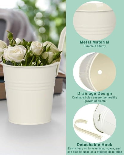 12 Pack Railing Planter for Outdoor Plants - 4 Inch Small Balcony Hanging Flower Pots with Detachable Hooks and Drain Holes Metal Oval Bucket Rail Box Fence Planters for Home Garden Decor, Cream White