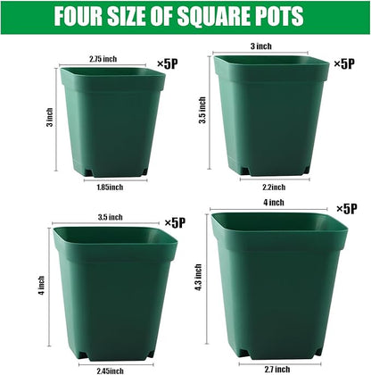 Square Nursery Pots Clearance (2.7", 3", 3.5", 4") with Drainage Holes 20 Pcs, Plastic Seed Starting Pots, Sturdy and Durable Seedling Pots for Planting, Cuttings and Transplanting, Green