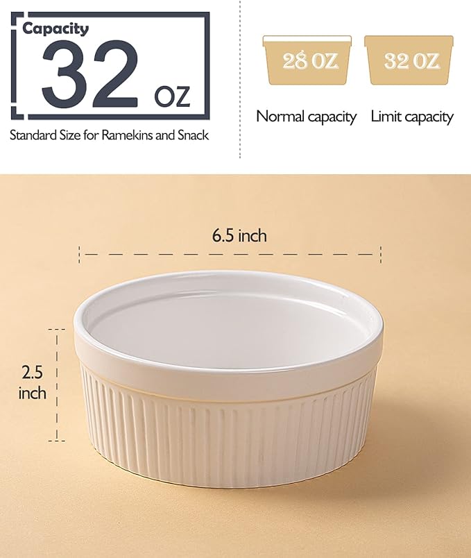 Delling Large Ramekins 32 Oz Oven Safe/Soup Bowls, 1 Quart Serving Bowls Ceramic Round for Baking, Salad, Pasta, Creme Brulee, Souffle Dish, Pot Pie